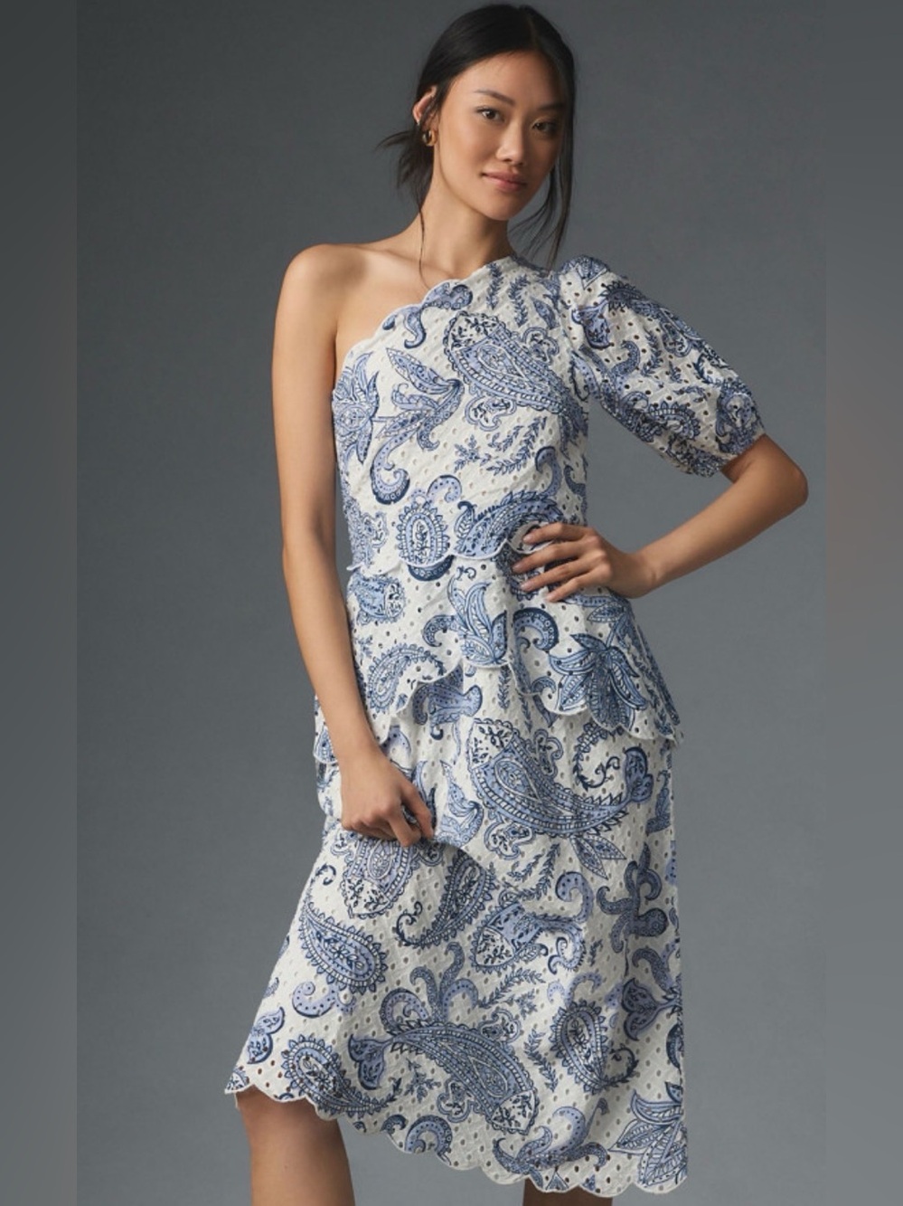 Anthropologie Farm Rio One-Shoulder Eyelet Midi Dress